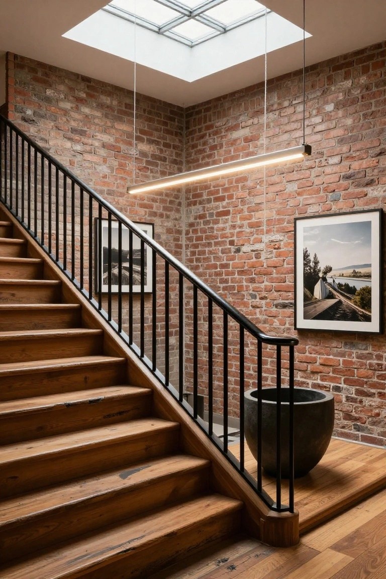 Interior photo of a wooden staircase with black metal railing against exposed brick walls, a long horizontal linear light fixture mounted on the wall below a skylight, two framed black-and-white photos, and a large black ceramic pot on the floor.