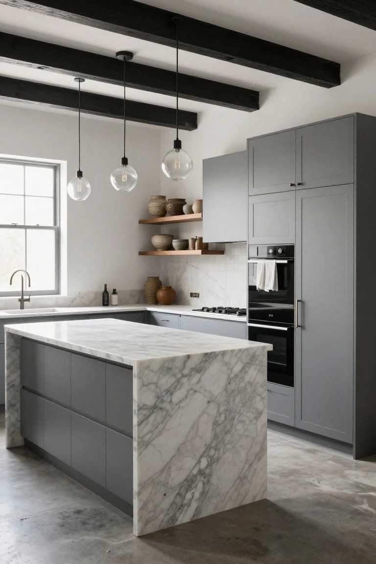 Modern kitchen with gray flat-panel cabinets, white marble island and counters, exposed black wooden ceiling beams, three hanging clear globe pendant lights, and polished concrete flooring.