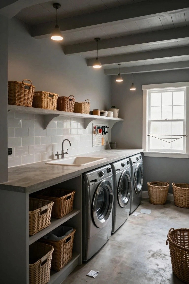 Laundry room with exposed dark wood beam ceiling and three hanging white cone pendant lights, three silver front-loading washers, white utility sink on gray concrete countertop, white subway tile backsplash, open wood shelves holding wicker baskets, and a large window.