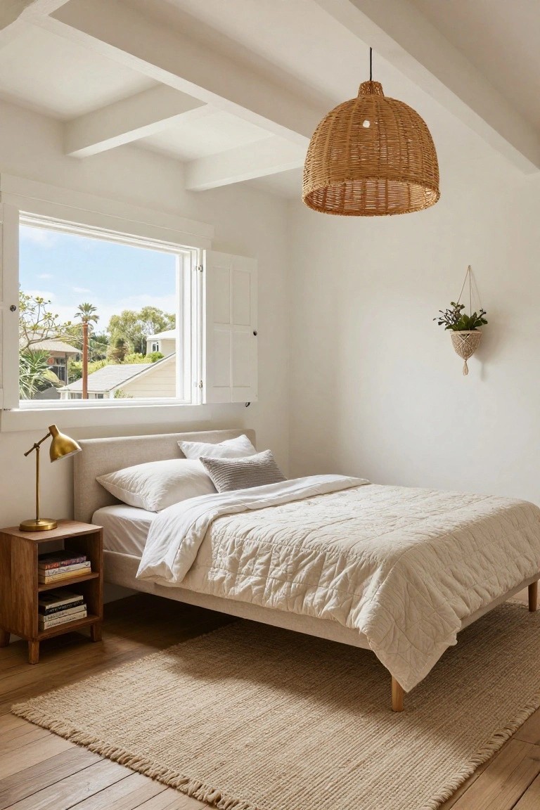 Bedroom interior featuring a king bed with white linens and gray throw pillows, wooden nightstand with gold lamp and books, seagrass rug on hardwood floor, large open window with white shutters showing outdoor view, hanging plant on wall, and large woven rattan pendant light suspended from white beamed ceiling.