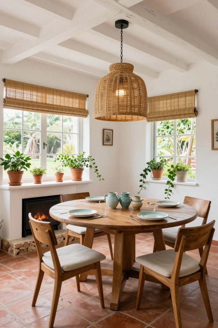 Dining room with large woven rattan pendant light hanging from white exposed beam ceiling over round wooden table and chairs, plants on windowsills, fireplace, and terracotta tile floor.