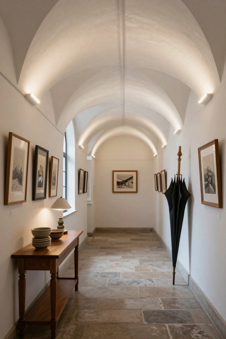 Long interior hallway with white vaulted arched ceiling lit by recessed linear lights along the curves, framed black-and-white photos on walls, wooden console table holding ceramic bowls and a lamp, black umbrella stand, and terracotta tile floor.