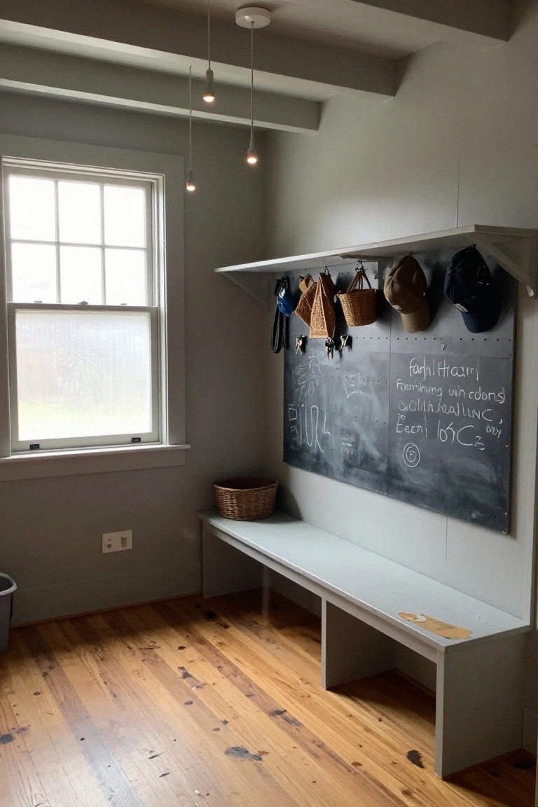 Mudroom interior with gray walls and wooden beamed ceiling, four white pendant lights hanging above a wall-mounted pegboard with hats and bags, a chalkboard with notes, a white bench, wicker basket, and window with rain-streaked glass.