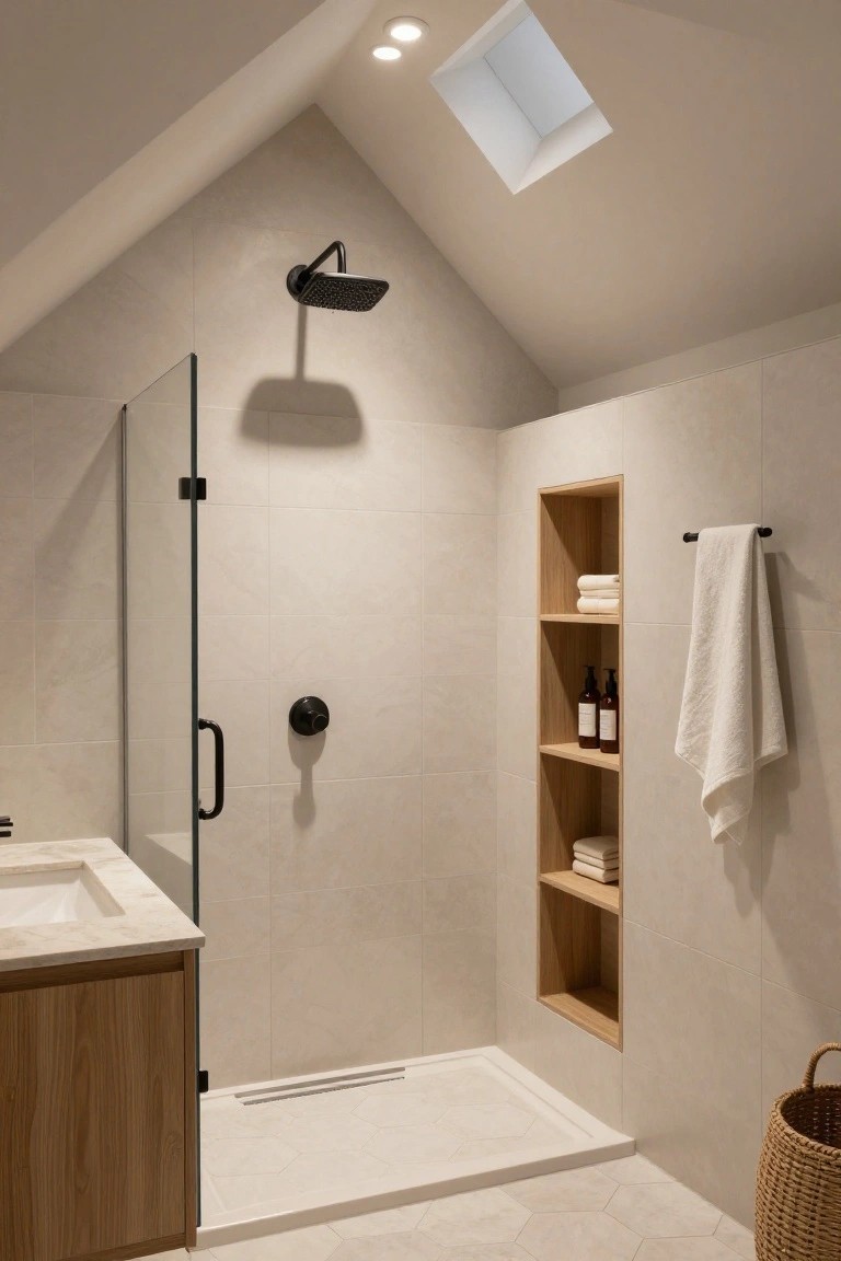 Contemporary bathroom with vaulted ceiling, central skylight, two recessed ceiling lights, black rain shower head on wall, glass shower enclosure, wooden vanity with sink, wall niche shelves holding towels and bottles, towel bar, and hexagonal floor tiles.