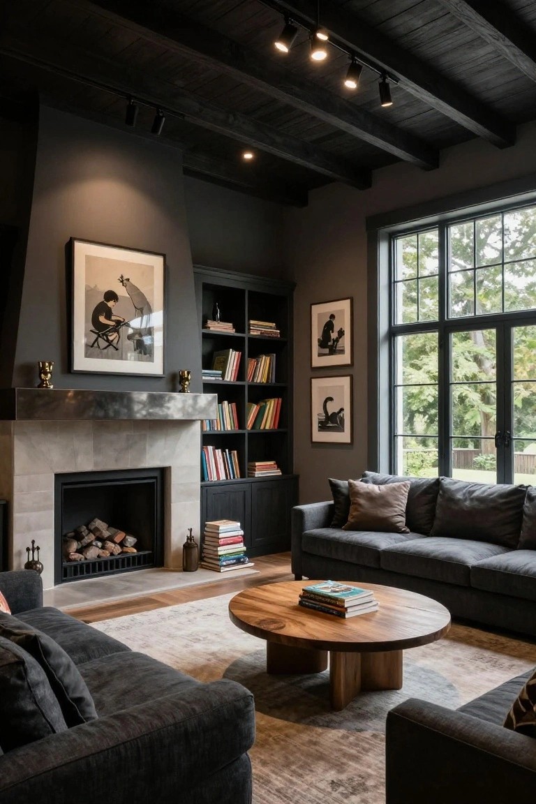 Living room with dark vaulted ceiling beams, recessed track spotlights, built-in bookshelves flanking a stone fireplace with fire, gray L-shaped sofas, wooden coffee table, and large windows showing trees outside.