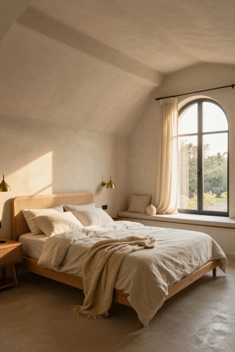 Bedroom interior with vaulted beige plaster ceiling, rattan headboard bed with white linens and throw, paired gold wall sconces, wooden side table, beige window seat, and arched window with sheer curtains overlooking trees.