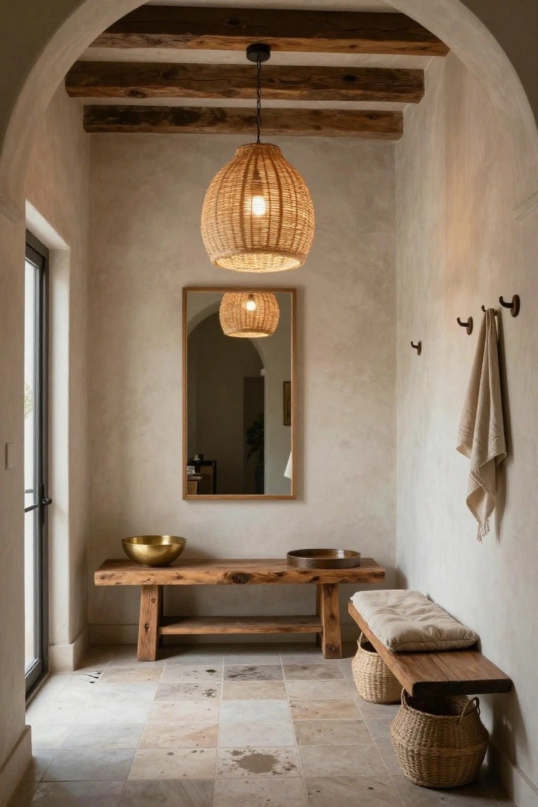 Narrow arched entryway with beige plaster walls, exposed dark wooden beams on the ceiling, two hanging rattan pendant lights, a large framed mirror, wooden benches with cushions and baskets, gold bowl on bench, towels on hooks, and glass door on one side over tiled floor.