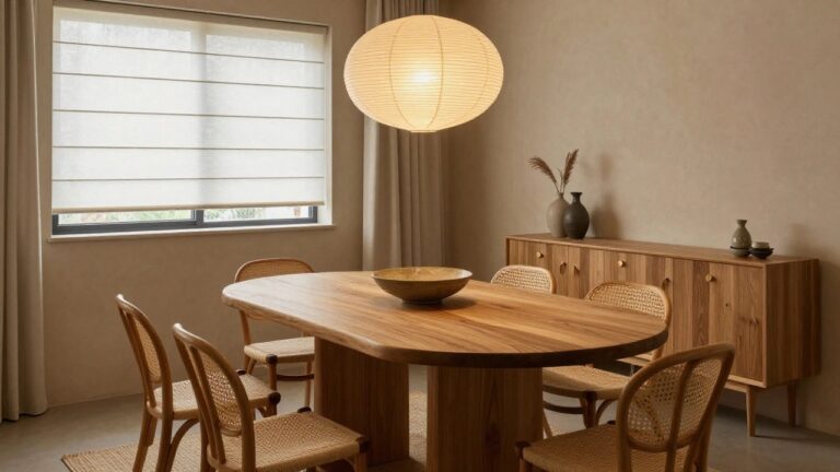 A beige dining room with a large white paper lantern pendant light hanging over a round wooden table, four wooden chairs with rattan seats, a wooden sideboard with brass knobs, potted plants on a windowsill with shoji blinds, and dried pampas grass.