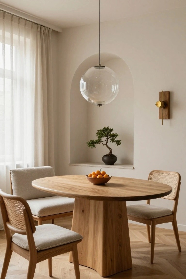 A dining room featuring a round wooden table with rattan and upholstered chairs under a large blown-glass pendant light, a bonsai tree in an arched wall niche, sheer curtains on a window, beige walls, and parquet flooring.