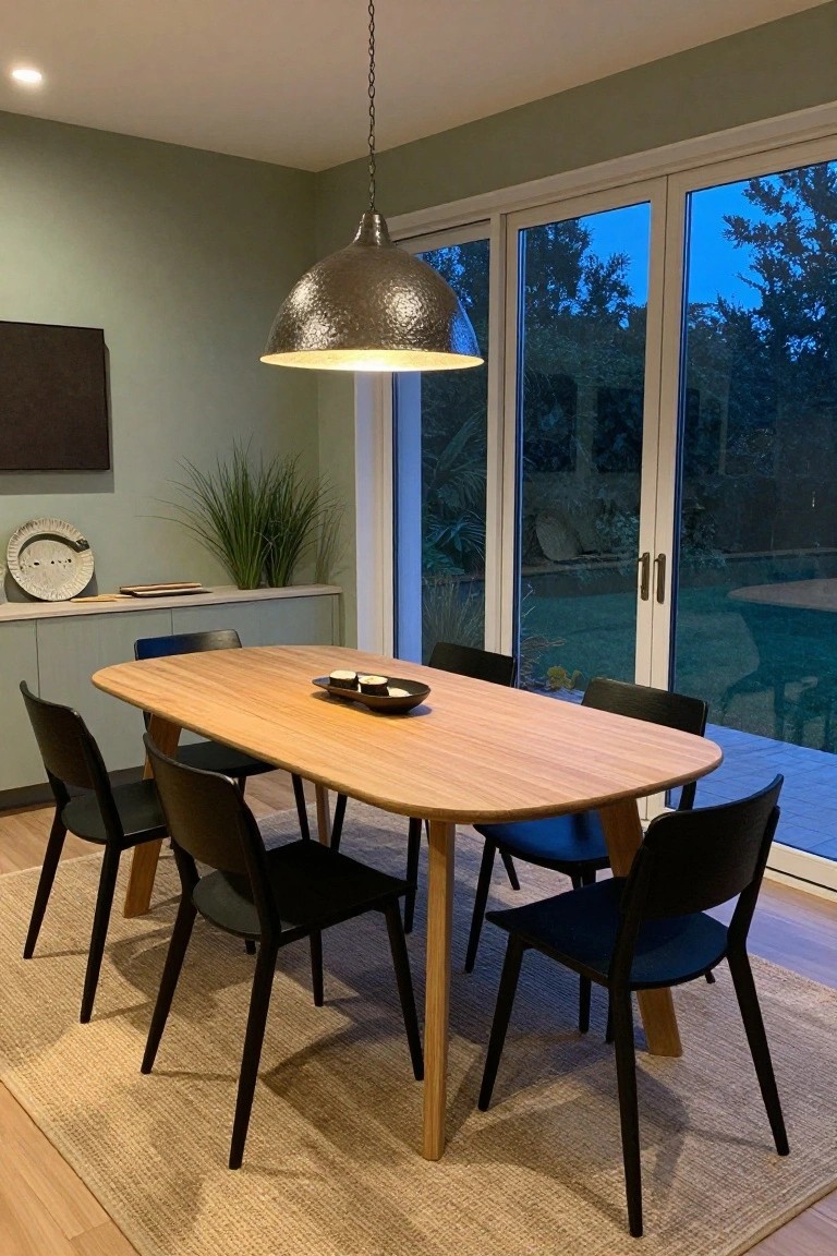 Oval wooden dining table with black chairs in a sage green room, lit by a large hammered metal pendant light, with sliding glass doors to a pool and garden beyond.