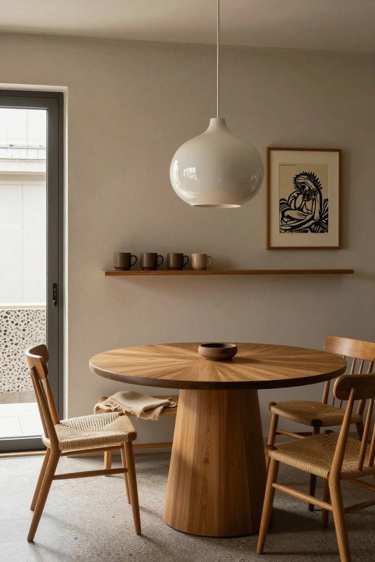 A light beige dining room featuring a round wooden table with pedestal base, four woven chairs, a large white pendant light hanging above a central bowl, wooden wall shelves with ceramic mugs, a framed abstract artwork, and a glass door leading to a balcony.