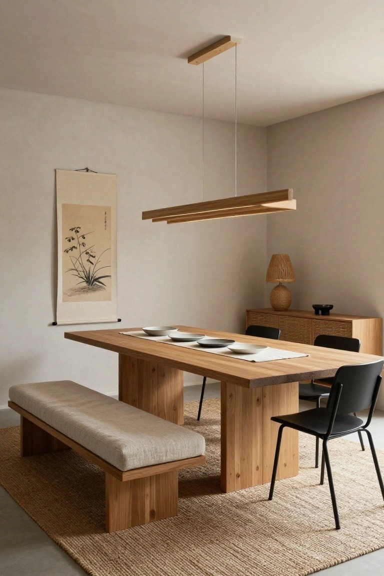 A Japandi dining room with a long wooden table, cushioned bench, black chairs, linear slatted wood pendant light overhead, beige walls, Japanese scroll painting, rattan lamp on wooden sideboard, and seagrass rug.