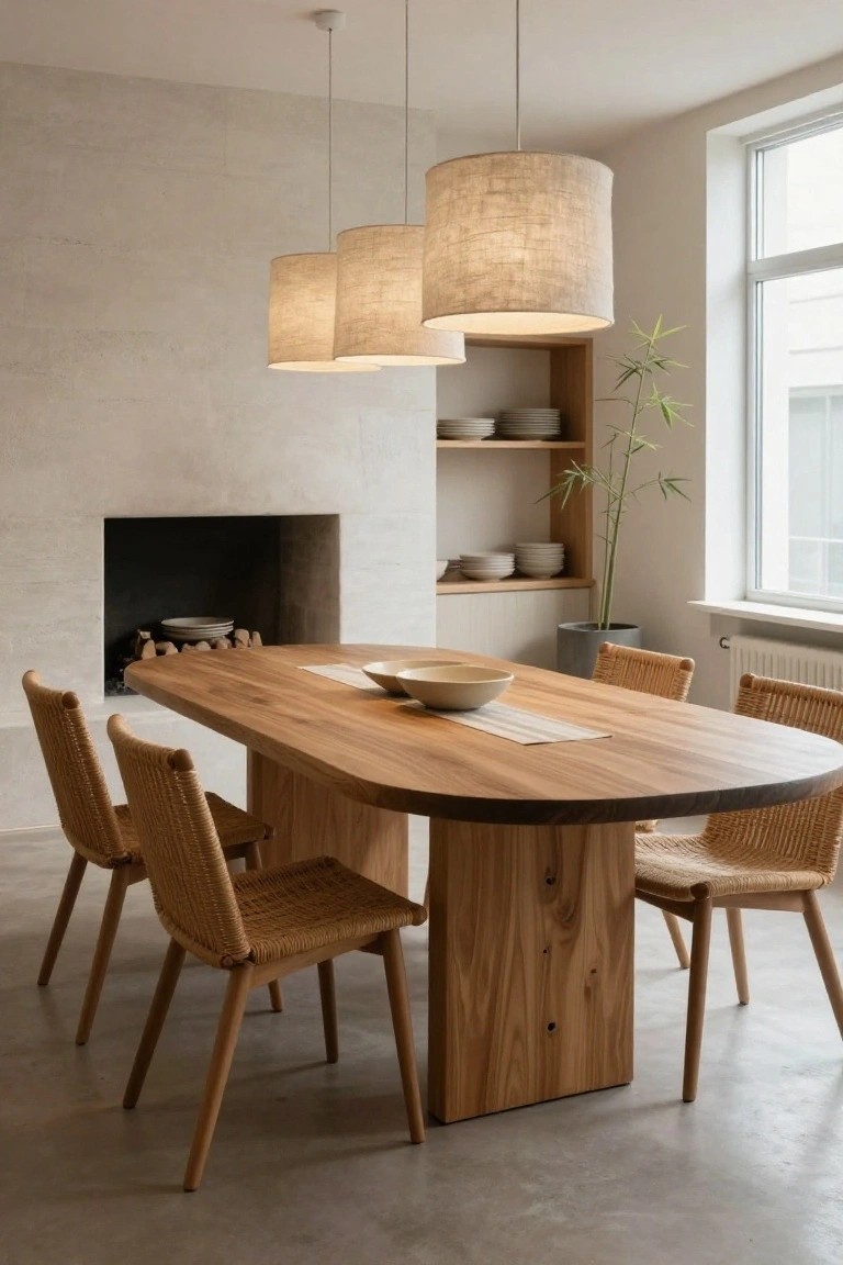 A light wood oval dining table with rattan chairs in a neutral room, three beige linen pendant lamps hanging above it, a fireplace nearby, wooden shelves with dishes and a potted plant, and large windows.