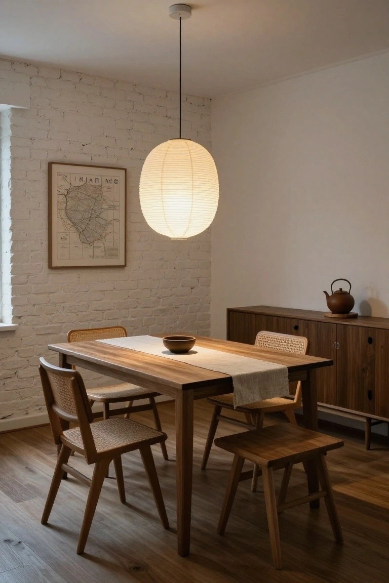 White brick wall dining room with oval paper lantern pendant light hanging over wooden table, rattan chairs, runner, bowls, wooden sideboard, and teapot.
