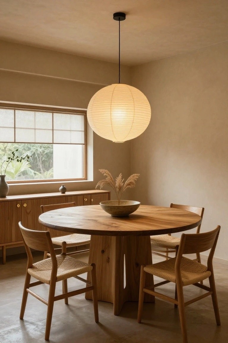 A beige dining room with a large white paper lantern pendant light hanging over a round wooden table, four wooden chairs with rattan seats, a wooden sideboard with brass knobs, potted plants on a windowsill with shoji blinds, and dried pampas grass.