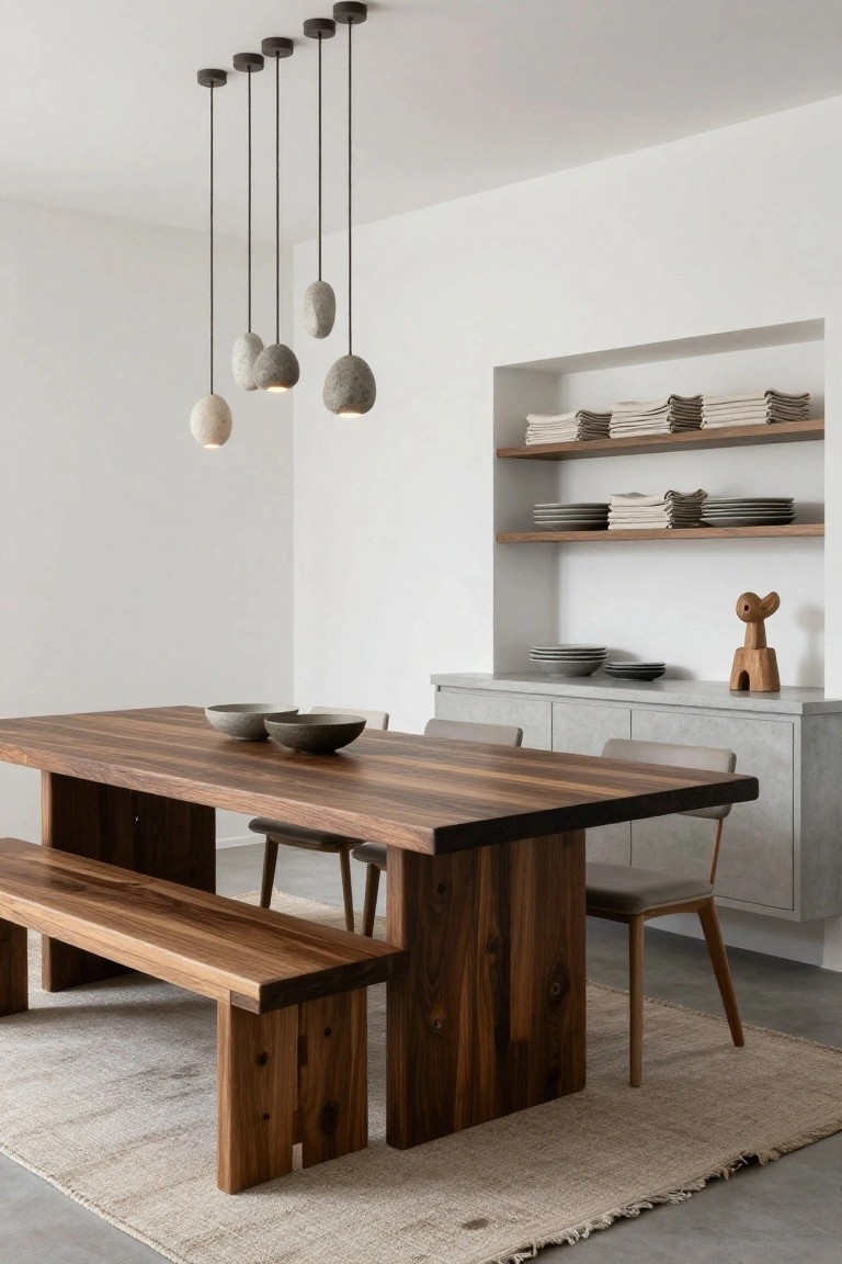 A Japandi dining room with a large rectangular walnut wood table and bench on one side, gray upholstered chairs, a matching gray credenza displaying stacked white plates, linens, and a wooden sculpture, plus five pebble-shaped stone pendant lights hanging in a cluster from the ceiling over the table.