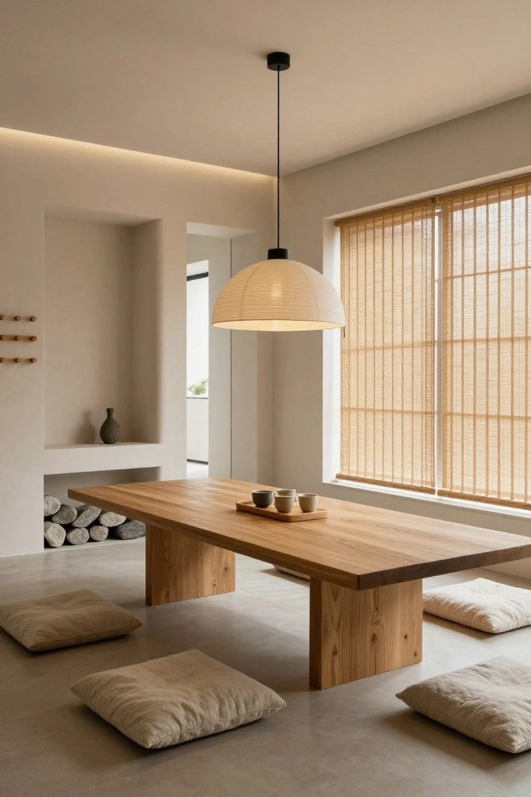 Japandi dining room with low wooden table, beige floor cushions, large white paper pendant light, stacked logs and rocks in wall niche, and bamboo blinds on window.