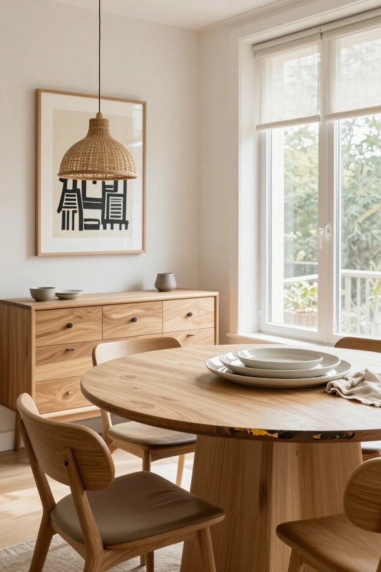 Light beige dining room with round wooden table and chairs, rattan pendant lamp overhead, wooden sideboard with ceramics, abstract wall art, and large windows with sheer blinds showing balcony and greenery.