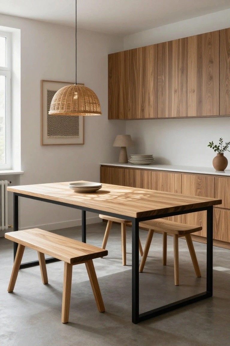 Japandi dining area with light oak cabinets, black metal-framed oak table and benches, woven rattan pendant lamp overhead, plates on table, and potted plant nearby.