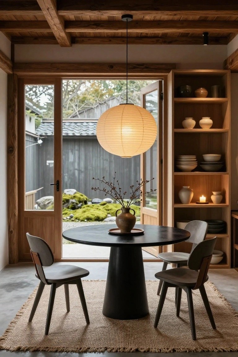 Japandi dining room with exposed wooden ceiling beams, round black pedestal table, gray chairs with leather details, open wooden doors to moss garden, large hanging white paper lantern, wooden shelves with ceramics and candle.