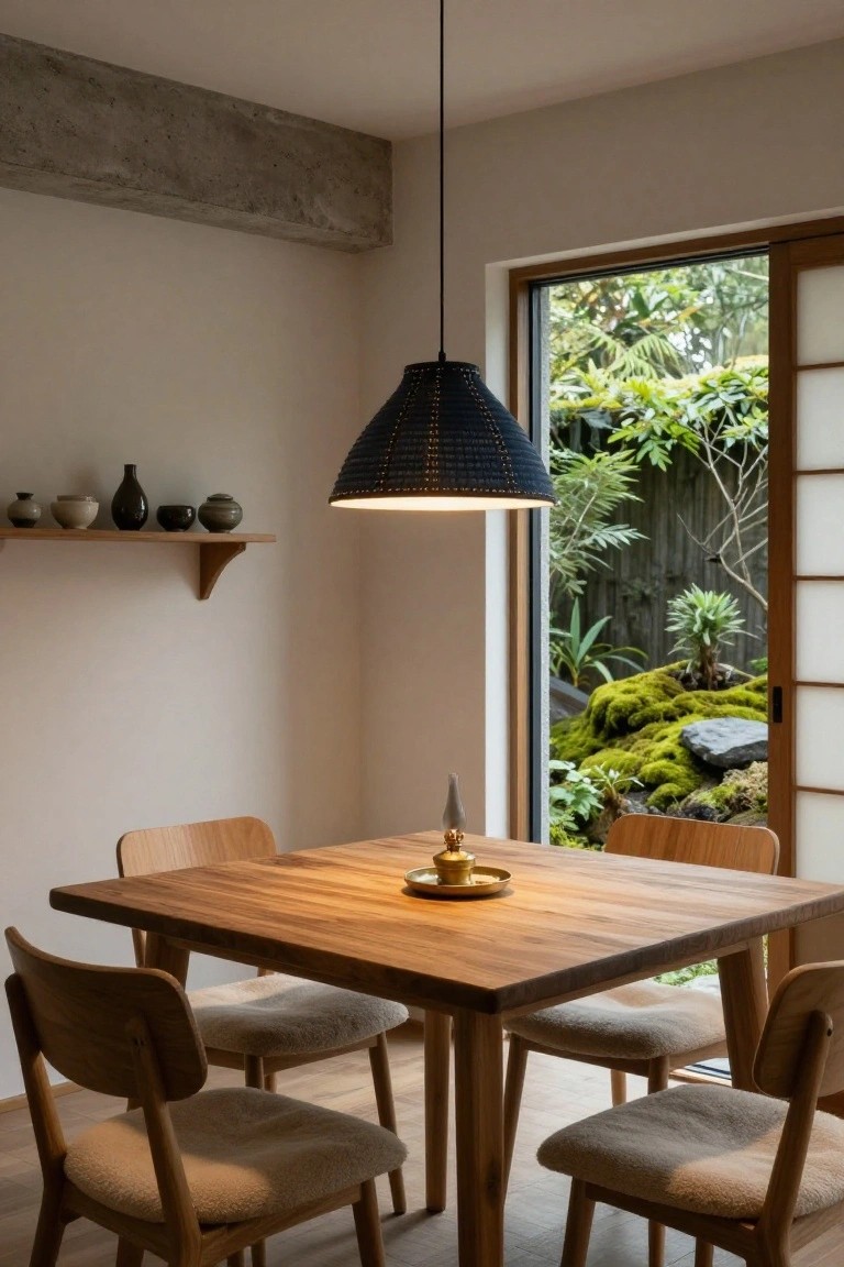 Minimalist dining room with square wooden table and four wooden chairs with light cushions, black woven pendant lamp overhead, wooden shelf with pottery on wall, and sliding doors to garden with moss and rocks.