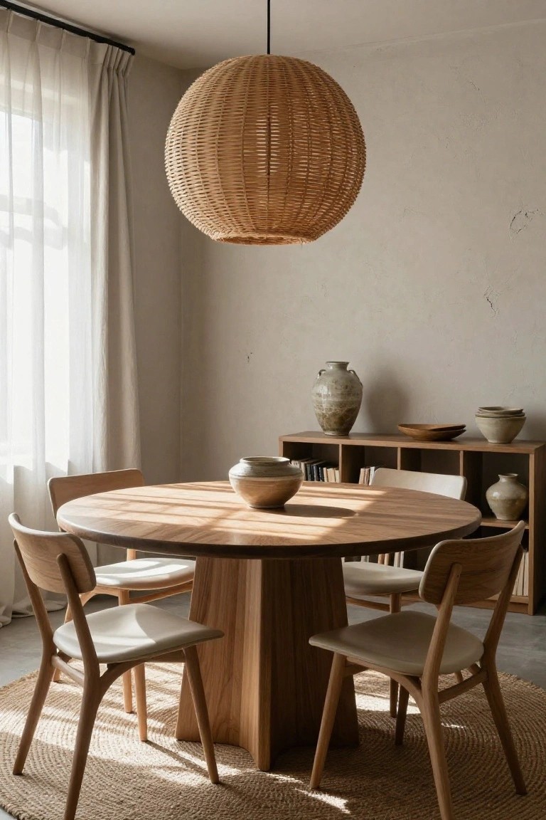 Round wooden dining table with four matching chairs on a seagrass rug in a beige-walled room, large woven rattan pendant light overhead, wooden shelving with ceramic vases and bowls, sheer curtains on window.