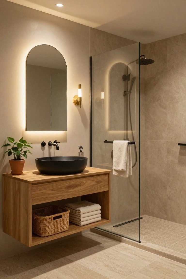 Modern Japandi-style bathroom with floating oak vanity, black vessel sink, arched backlit mirror, black wall sconce, potted plant, glass shower enclosure, and beige tiled walls and floor.