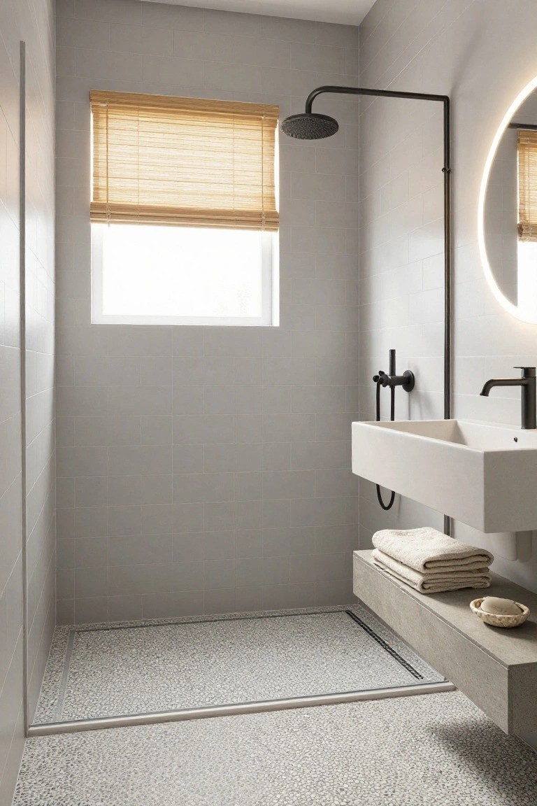 Compact modern bathroom with gray subway tiles, walk-in pebble shower, wall-hung white sink with black faucet, black metal shower arm, bamboo blinds on window, and large round backlit mirror.