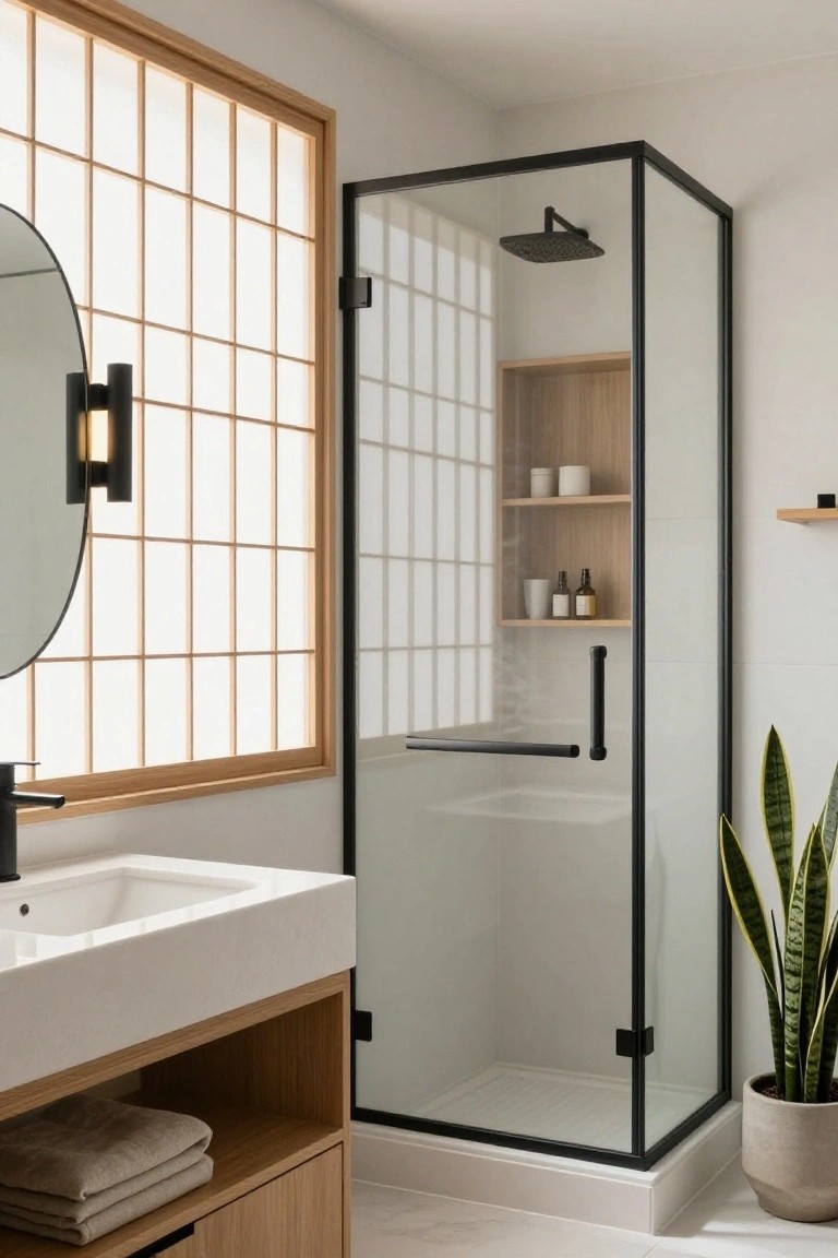 Corner shower enclosure with black metal frame and glass panels next to wooden vanity with white sink, round mirror lit by black wall sconce, shoji-style window, wood niche shelves with bottles and cups, potted snake plant, and folded towels on open shelf.