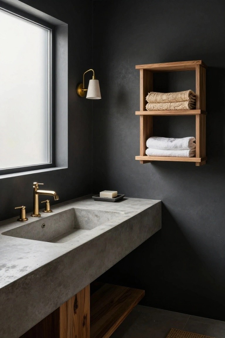 Close-up view of a bathroom corner featuring dark textured walls, a floating concrete sink with brass faucet, a wooden open shelf holding folded beige and white towels, a brass wall sconce with fabric shade next to a frosted window, and a wooden bench below.