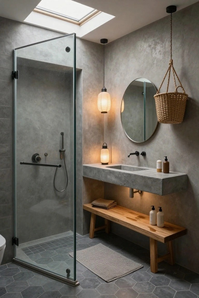 Japandi bathroom interior with glass shower enclosure, floating concrete sink, round mirror, wooden bench, hanging paper lanterns, and hexagonal gray floor tiles.