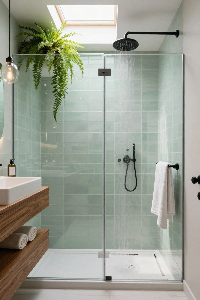 Compact modern bathroom with mint green subway tiles on walls, clear glass shower enclosure with black fixtures and running water, wooden floating vanity holding white sink and towels, black hanging pendant light with exposed bulb over sink, large hanging fern plant, and skylight in ceiling.