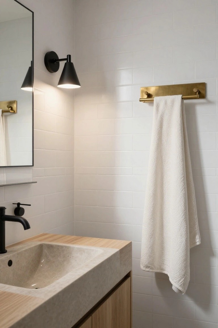 Bathroom vanity area with beige stone sink in wood countertop and cabinet, thin black-framed mirror, pair of black cone wall sconces lit up, brass towel rail holding white towel, white subway tile walls.