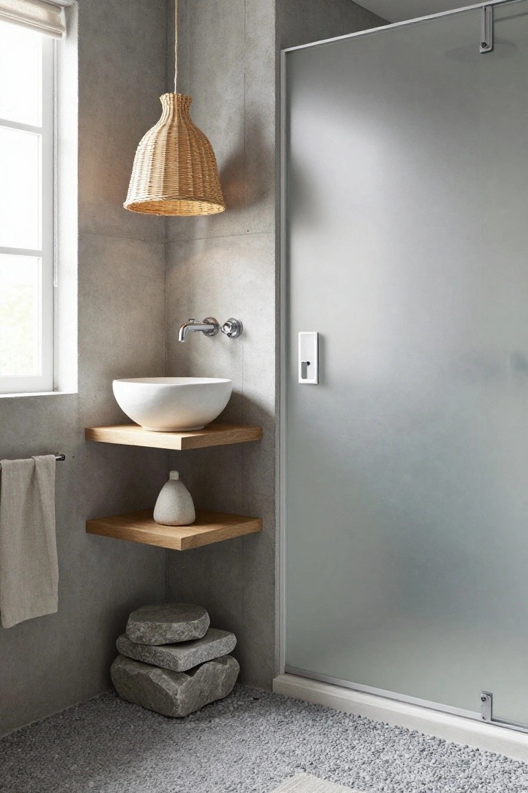 Corner bathroom with gray concrete walls, white bowl sink on wooden shelf, beige towel and ceramic vase on shelf, stacked gray rocks below, rattan pendant lamp hanging from ceiling, frosted glass shower enclosure, and pebble stone floor.