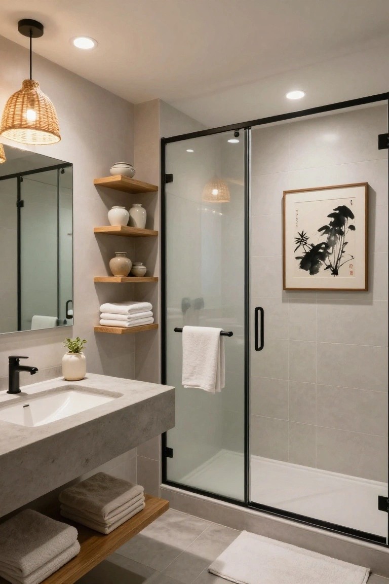 Bathroom with concrete vanity sink, black faucet, wooden shelves holding white towels and ceramic pots, rattan pendant light overhead, glass shower enclosure, and neutral gray tile walls and floor.