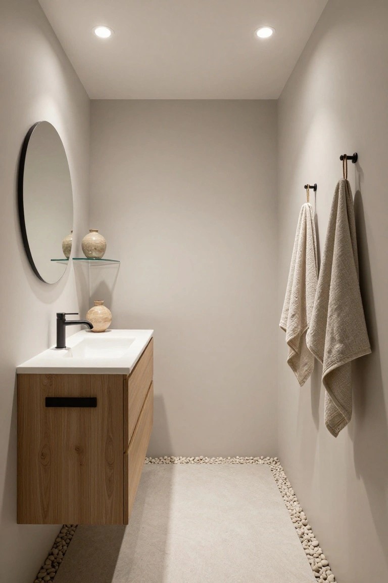 Narrow minimalist bathroom with beige walls, floating oak vanity and white sink with black faucet, round black mirror on glass shelf holding two ceramic vases, two linen towels on wall hooks, light tile floor with white pebble border, and soft recessed ceiling lights.