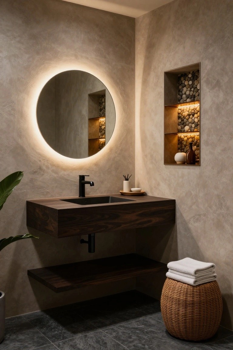 A Japandi bathroom with a round mirror featuring white rim lighting above a floating dark wood sink and faucet, a textured wall niche filled with pebbles and lit from behind, a potted plant, stacked white towels on a shelf below the sink, and a woven stool on dark gray tile floor.
