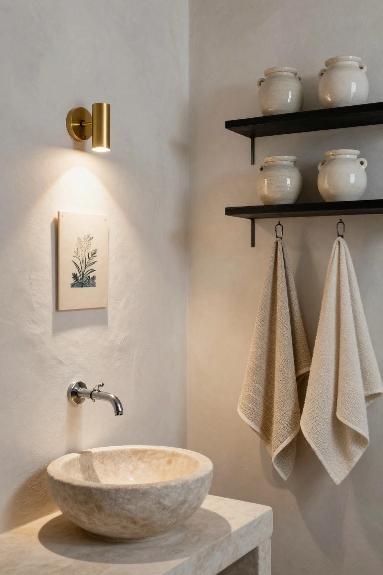 Close-up of a light beige bathroom corner featuring a round stone sink on a matching counter, brass wall-mounted cylindrical sconce emitting warm light, hanging beige towels, black shelves with white pottery jars, and a framed botanical print on the textured wall.