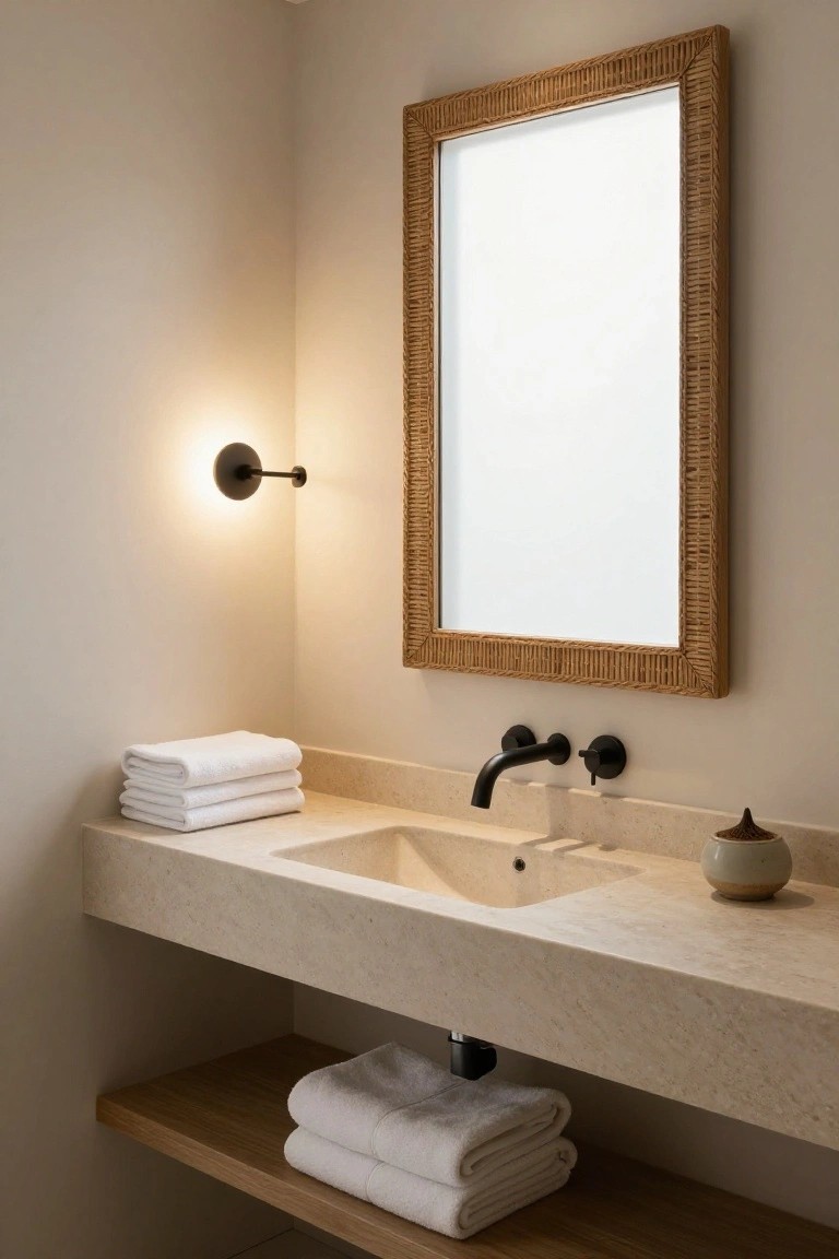 Bathroom vanity area with floating beige stone countertop and sink, black wall-mounted faucet, rattan-framed mirror, stacked white towels on top and wooden shelf below, and single black wall sconce lit up.