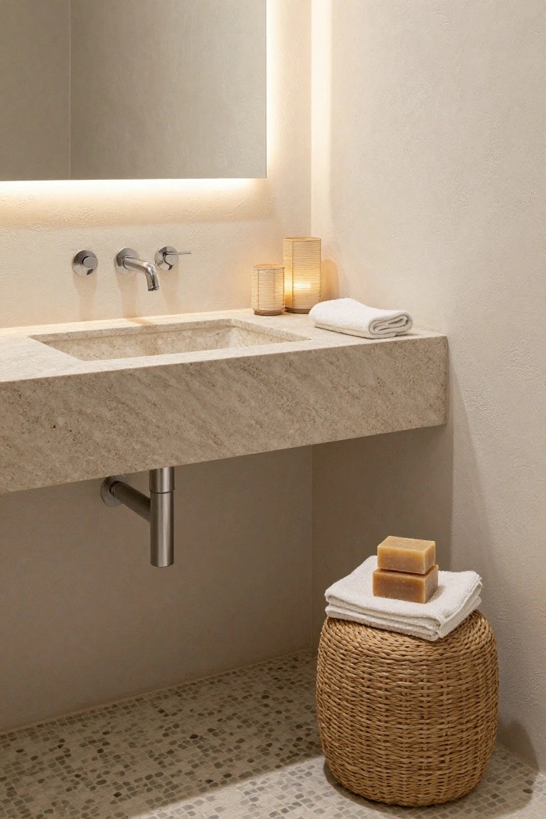 A minimalist bathroom with a rectangular backlit mirror above a floating travertine sink, wall-mounted faucet, stacked lanterns, folded towels, soap on a woven stool, and pebble tile floor.