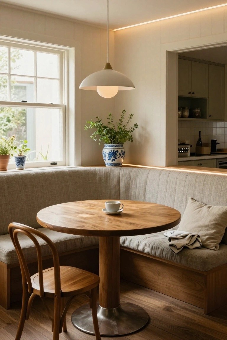 Cozy interior dining nook with beige booth seating around a round wooden table holding a white coffee cup, wooden chairs, plants in blue and white pots on windowsill, open kitchen in background, and thin white LED strip lighting along the ceiling-wall junction.