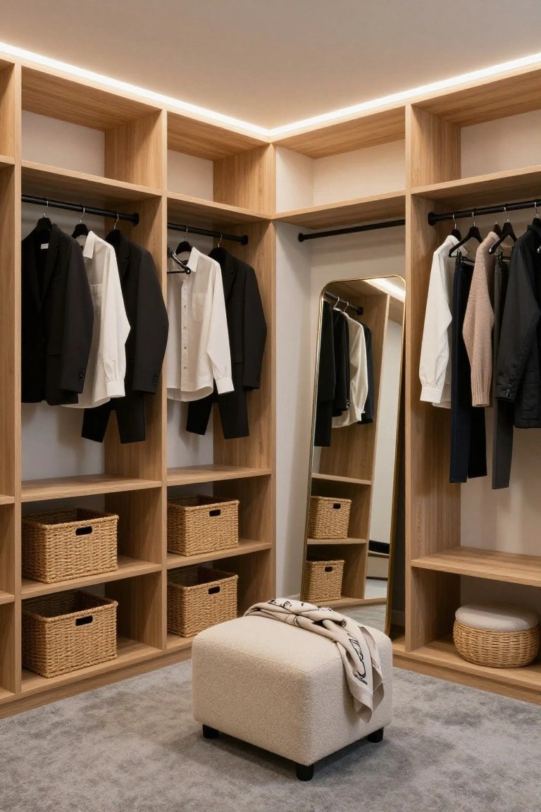 Modern walk-in closet with light oak cabinets, hanging suits and shirts on rods, woven baskets on open shelves, full-length round mirror, cream fabric pouf stool on gray carpet, and LED strip lighting recessed along ceiling corners.