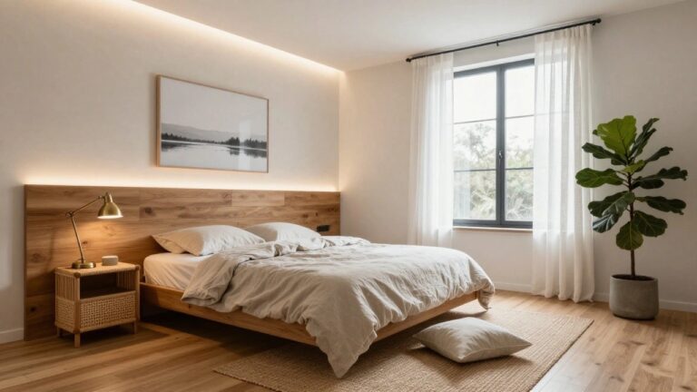 Bedroom interior with wooden platform bed draped in white linens, brass lamp on rattan nightstand, fiddle leaf fig plant, sheer curtains over window, and thin LED strip lighting glowing along upper wall and ceiling edges on light wood floors.