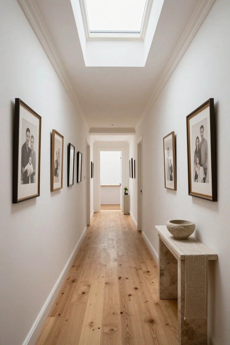 Long interior hallway with white walls, oak wood flooring, black-framed family photos on one wall, skylight in ceiling, console table with stone bowl on opposite wall.
