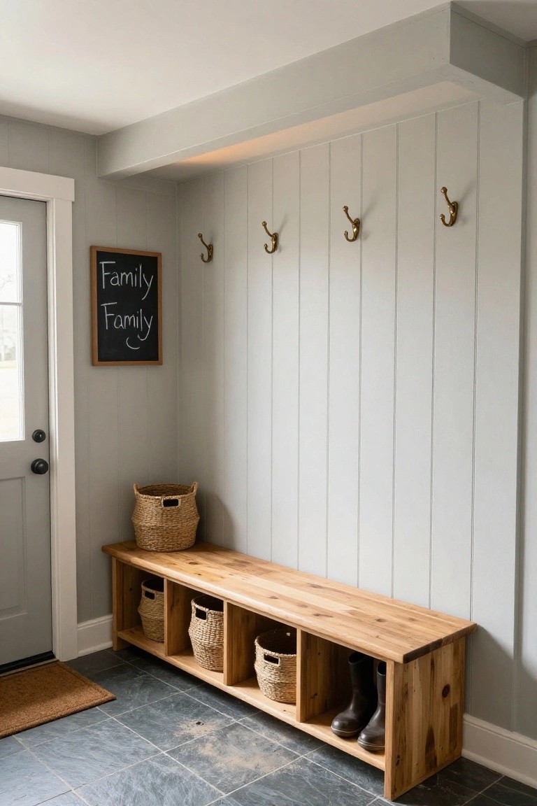 Light gray mudroom interior with wooden bench featuring storage cubbies holding woven baskets and tall boots, brass hooks mounted on vertical board wall, chalkboard sign reading 