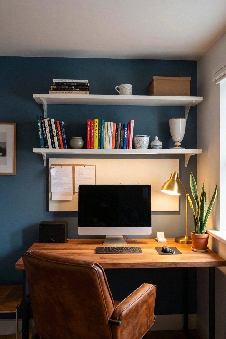 Home office with navy blue walls, floating white shelves holding books and ceramics, backlit white panel with clipboards and notes above a wooden desk with iMac computer and keyboard, gold desk lamp, snake plant in terracotta pot, and brown leather chair.