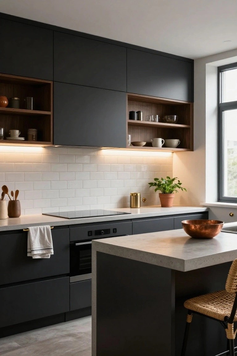 Modern kitchen interior with matte black cabinets, open wood shelves, white subway tile backsplash lit by under-cabinet LED strips, induction cooktop, concrete island countertop, copper bowl, rattan stool, and large window.
