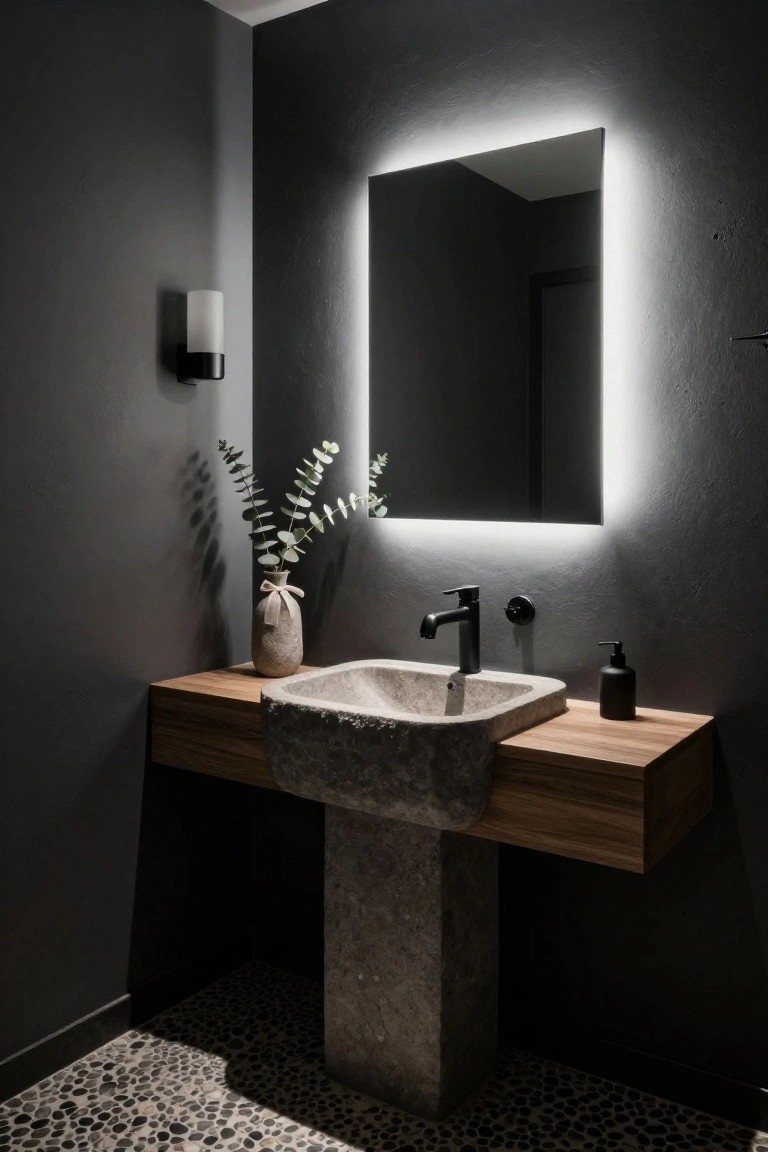 Modern bathroom with dark textured gray walls, rectangular backlit mirror above a rough stone pedestal sink on wooden floating vanity, black matte faucet, eucalyptus in vase, black soap dispenser, and pebble stone floor.
