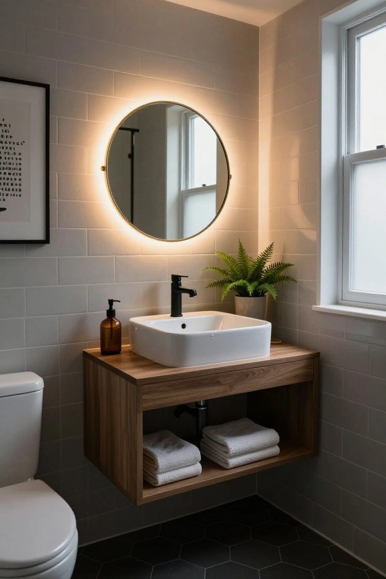 Modern small bathroom featuring a floating wooden vanity with white square sink and black faucet, round mirror with LED edge lighting, potted fern plant, stacked white towels, white subway tile walls, white toilet, and dark hexagonal floor tiles next to a window.