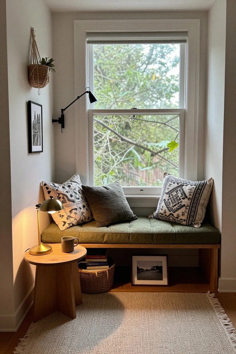 Indoor window nook with green tufted bench seat piled with patterned and gray pillows, wooden side table holding brass lamp, mug, and books, wicker basket, wall-mounted black lamp, hanging plant, and view of trees outside through the double-hung window.